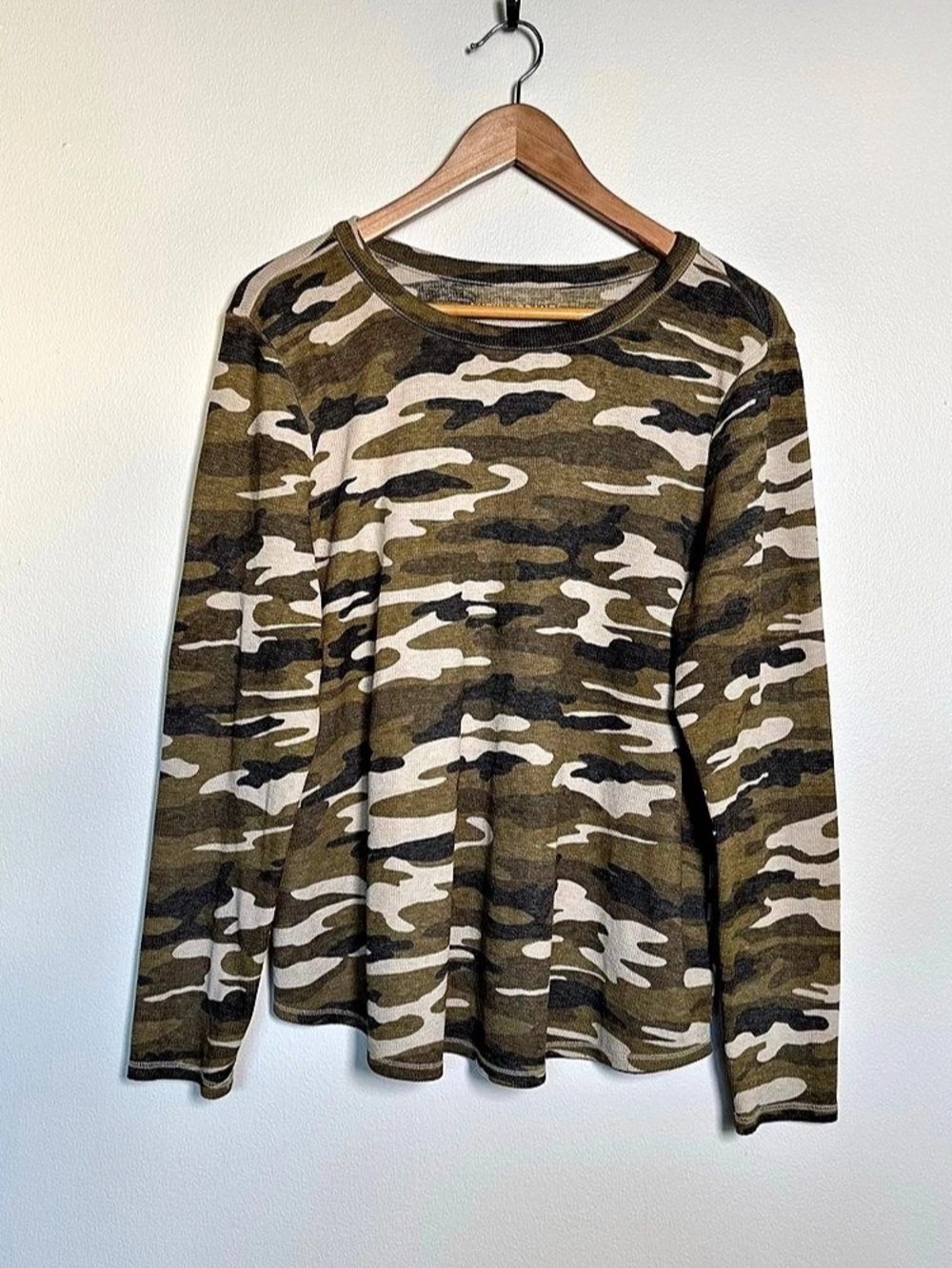 Lucky Brand Camo Burnout Thermal Long Sleeve Top Green & Black XL